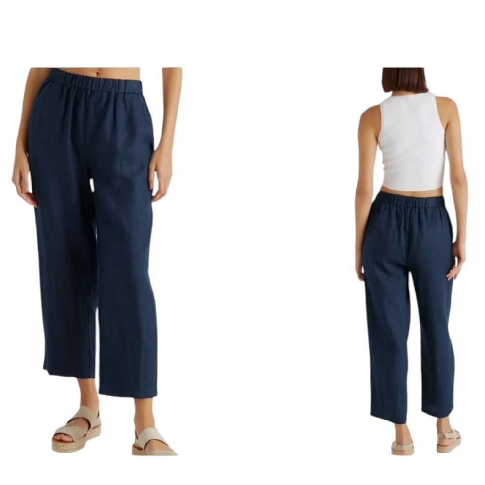 NWOT Quince 100% European Linen Pants Deep Navy Blue Stretchy Waist Size L